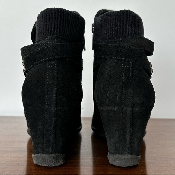 Aquatalia Love Booties Slimline Sexy Black Suede Wedge Belted Ankle Boot Size 11 - Picture 4 of 6